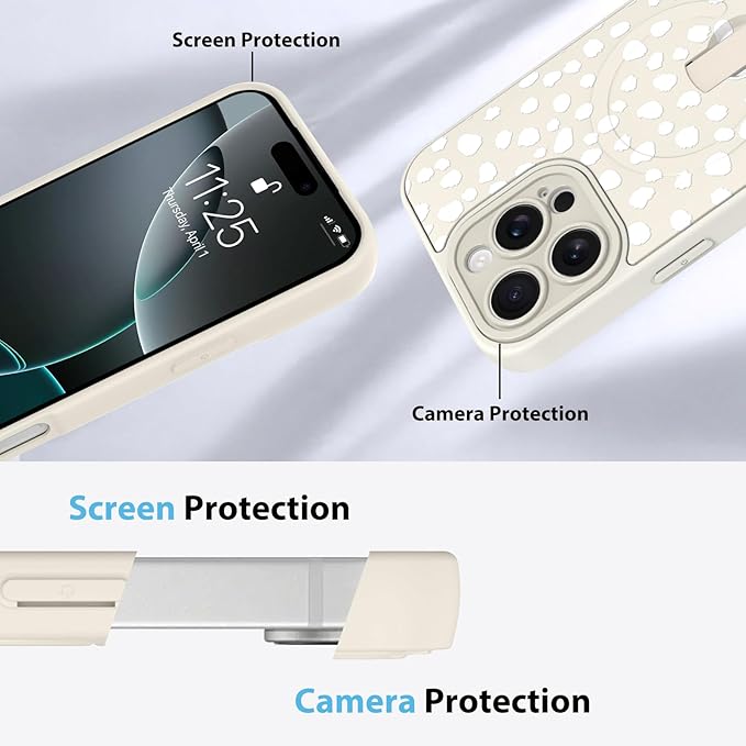 KANGHAR Compatible with iPhone 16 Pro Max Case, Support for MagSafe, Silicone Speck Leopard Cute Pattern, Wristband Kickstand Camera Protection Soft Slim Cover for Girls Women -White