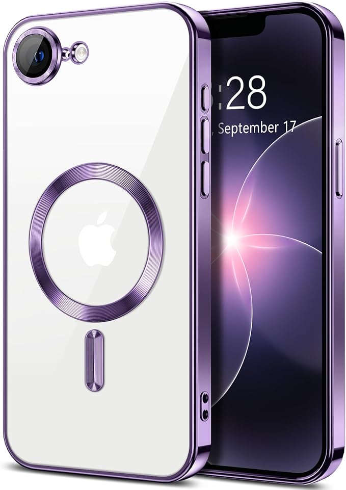 Hython Magnetic Clear for iPhone 17e Case with Camera Lens Protector [Compatible with MagSafe] Luxury Plating Edge Slim Soft TPU Cover Protective Phone Case for iPhone 17e 6.1", Deep Purple