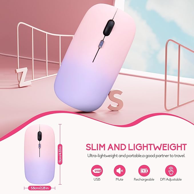 Wireless Bluetooth Mouse,LED Dual Mode Rechargeable Silent Slim Laptop Mouse,Portable(BT5.2+USB Receiver) Dual Mode Computer Mice,for Laptop,Desktop Computer,ipad Tablet,Phone,TV (Pinkish purple)