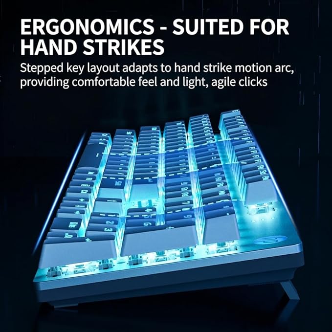 HP Wired Mechanical Keyboard GK400F, 104 Keys Full Size USB Keyboard, Brown Switches, Ice Blue LED Backlit, Anti-Ghosting, Silver & White Keycaps, HP Keyboard for PC Gaming and Office