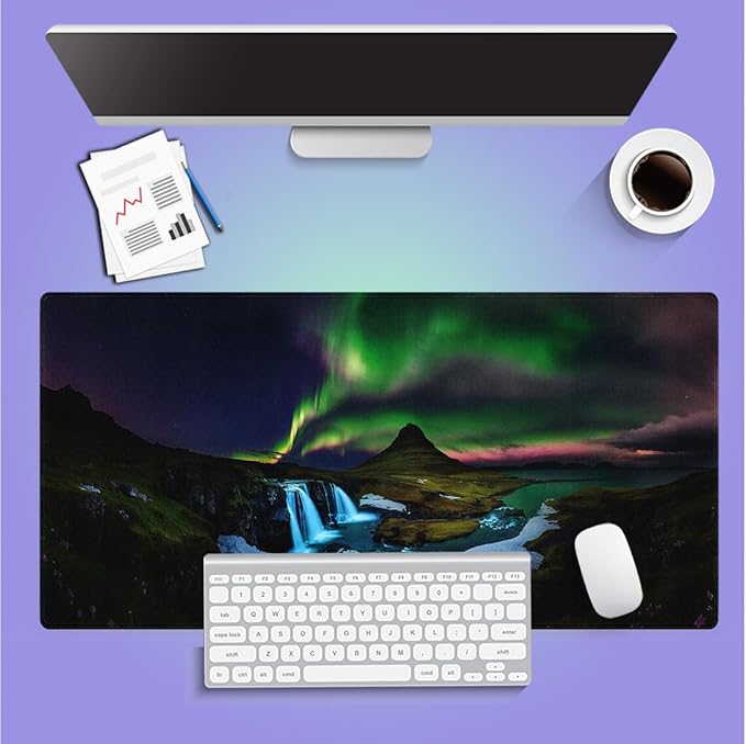 Large Gaming Mouse Pad (31.5" x 15.8") - Aurora Borealis Dancing Over a Majestic Waterfall and Mountains, Extra XXL Office Accessories, Premium Stitched Anti-Slip Office Desk Mat