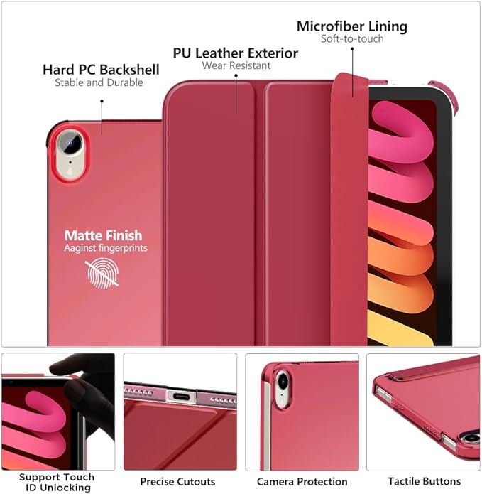 MoKo for iPad mini 7 (A17 Pro) Generation Case 2024, iPad mini 6 Case 2021, 8.3-inch Slim Lightweight Protective Hard Back PC Shell Stand Cover Support Touch ID, Auto Wake/Sleep, Wine Red
