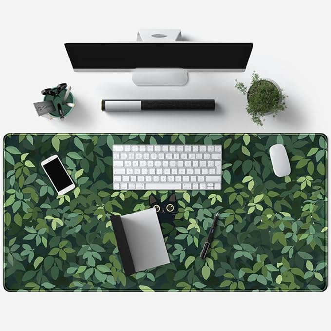 Cute Cat Kawaii Green Desk Mat - Large Gaming Mouse Pad & Keyboard Laptop Mat - Anime XL (31.5x15.7 in) - Non-Slip Base, Stitched Edges