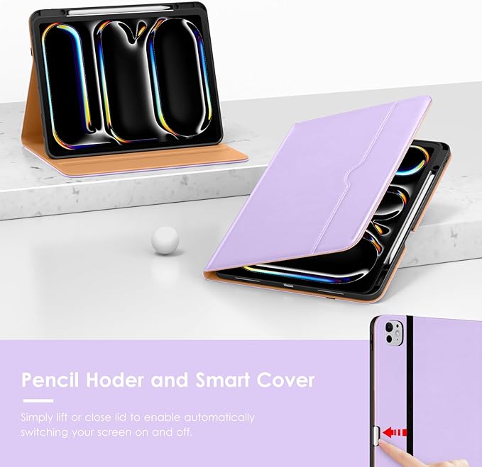 VIKESI Case for iPad Pro 13-inch M5 or M4 Released in 2025 or 2024, Leather Stand Cover with Apple Pencil Holder, Auto Wake/Sleep, Multiple Viewing Angles, Built in Hand Strap & Pocket,Lavender