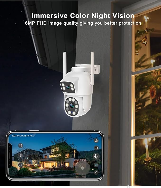 EVERSECU Dual Lens Linkage 6MP WiFi PTZ Security Camera Outdoor, 360° View, Auto Tracking, Motion Detection, Color Night Vision, 2-Way Audio, Compatible with Alexa(4pack)