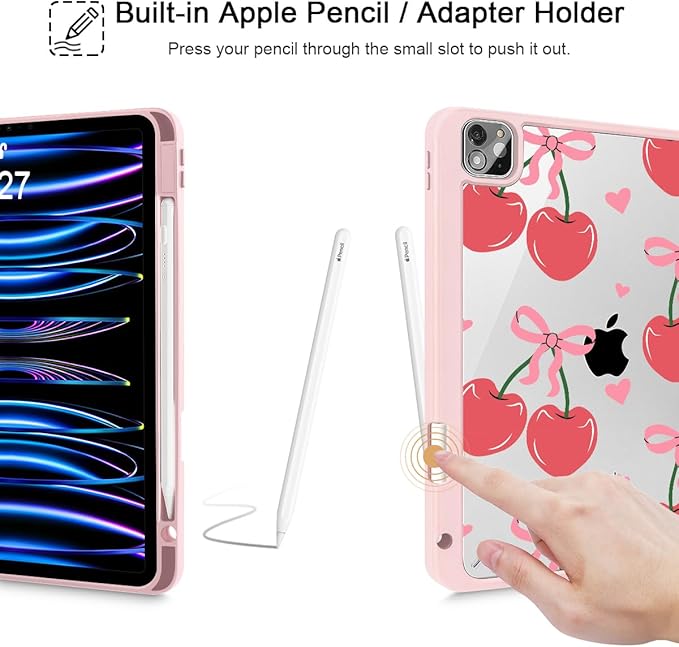 Mektron Case for iPad Pro 11 inch (4th, 3rd, 2nd & 1st Gen) 2022 2021 2020 2018, Buit in Pencil Holder with Shockproof Cover Clear Shell + Trifold Stand + Auto Wake/Sleep, Cherries Bows C353