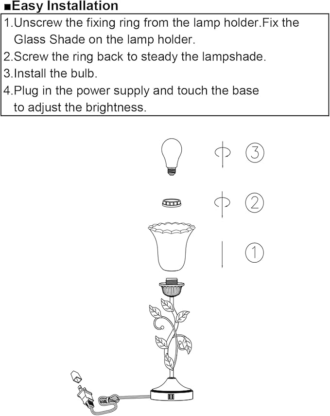 Touch Bedside Lamp with 2 USB Charging Ports, 3-Way Dimmable Nightstand Lamps, White Glass Shade Vintage Rural Leaf Lamp for Living Room Tabletop Bedroom Side Table, LED Bulb Included
