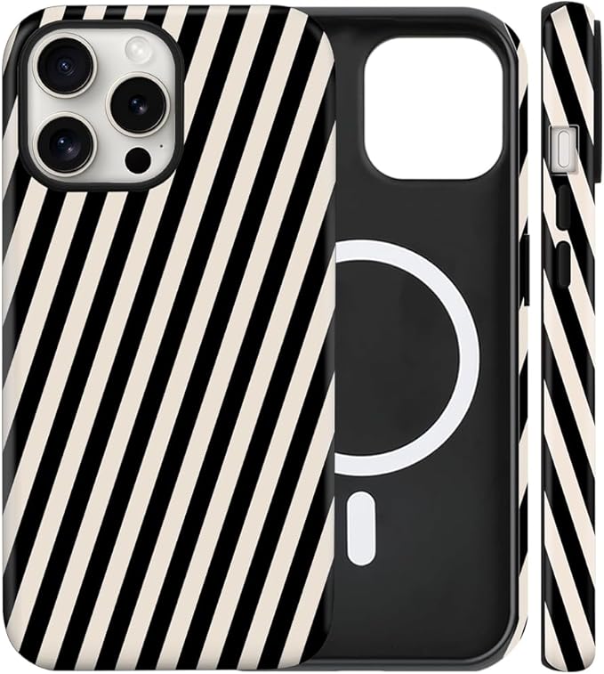 Magnetic for iPhone 16 Pro Case Cute Diagonal Stripes Phone Case, Shockproof Slim TPU and Hard PC Protective Phone Cover Compatible with MagSafe Designed for Women Girls,Black and White