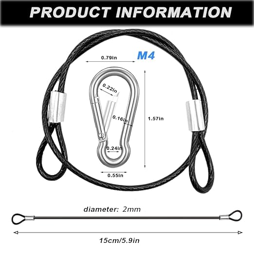 20 Pack 6 Inch(15cm) Safety Stainless Steel Tethers with 4 Pcs Spring Snap Hook Clips, Steel Wire Cable with Loops Vinyl Cover Coated Short Rope Lanyard Lock Safety Tether Chains, Black