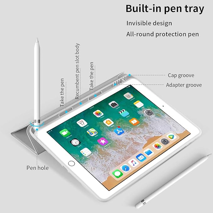 Aoub Case for iPad 9.7 inch 6th/5th Generation Case 2018/2017 with Pencil Holder, Thin Lightweight Smart Stand Cover, Auto Wake/Sleep, Model A1822/A1823/A1893/A1954, Gray White
