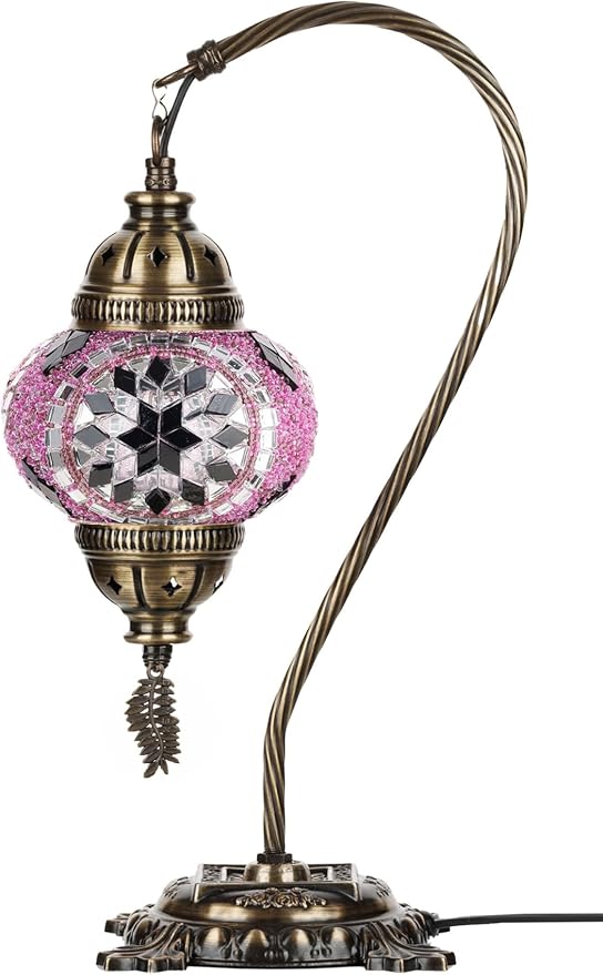 DEMMEX Turkish Moroccan Mosaic Table Lamp – Handcrafted Tiffany-Style Colorful Glass Swan Neck Bedside, Desk, Table Light, Boho Artisan Accent Lighting for Bedroom or Living Room – 15" H, Lilac