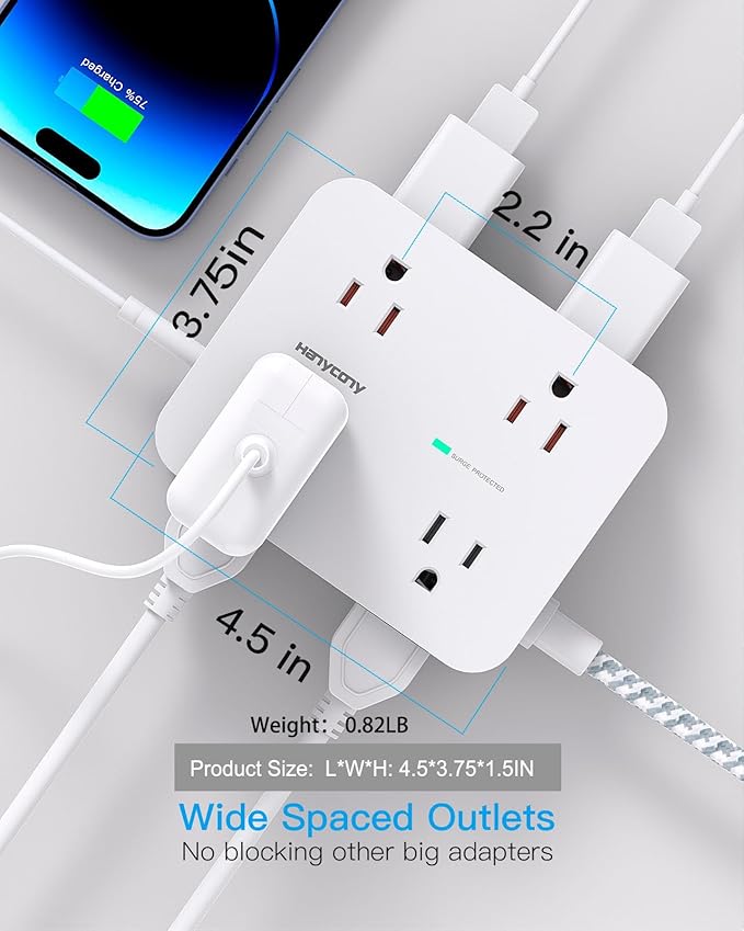 HANYCONY Extension Cord 20 Ft, Power Strip Surge Protector with 8 Outlets 4 USB Ports(2 USB C), Long Cord, Flat Plug, Wall Mount, Desk USB Charging Station for Home Office Essentials