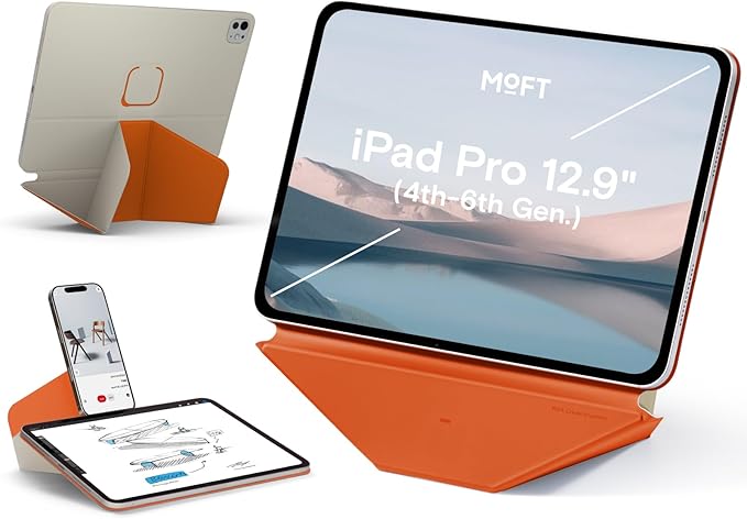 MOFT Dynamic Folio Tablet Stand for Desk Compatible with iPad Pro 12.9" (6th 2022 | 5th 2021 | 4th 2020), Slim Magnetic Tablet Holder Case with 20+ Viewing Angles, Beach White x Terracotta