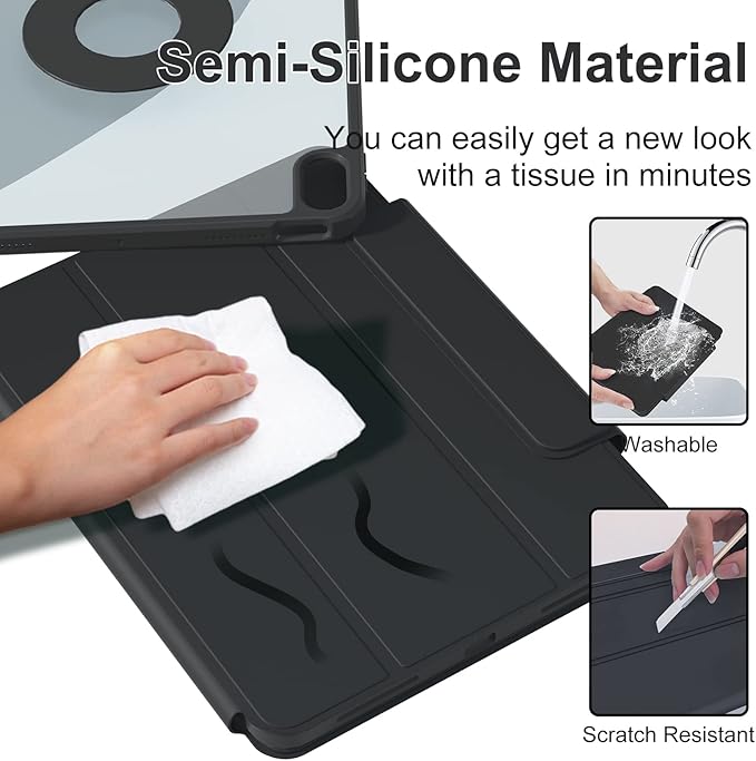ZENLU iPad 10th 11th Generation Magnetic Case with Removable Folio Cover, Semi-Silicone Leather, Vertical Stand, Clear Back, Smart Sleep/Wake, Full Protective Case for iPad 10 & 11(A16) (Black)