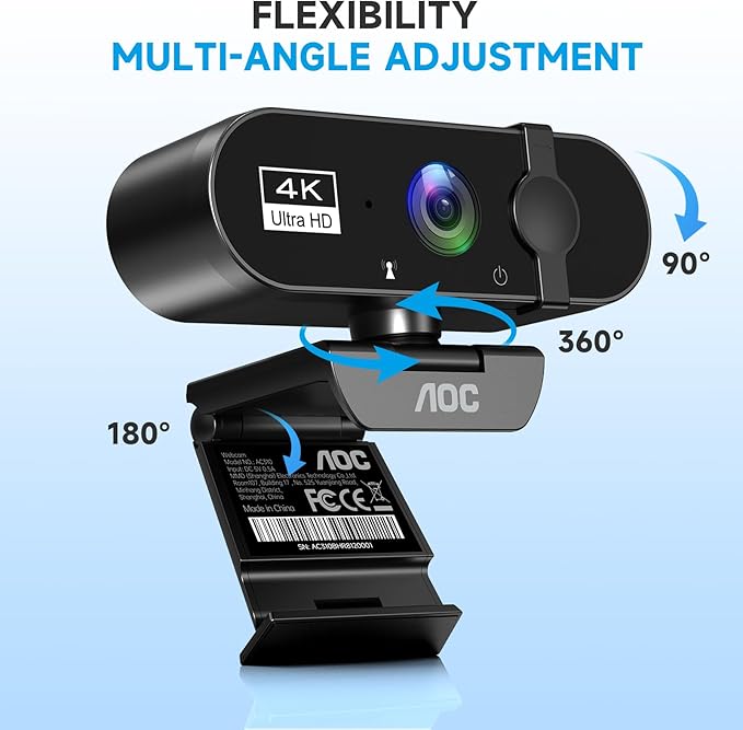 AOC 4k Webcam for PC with Microphone, Computer Camera with Noise Cancellation, Privacy Cover, 99° FOV, Plug & Play USB Webcam for Streaming, Conferencing, Zoom, Skype, Facetime, Laptop, PC, Skype