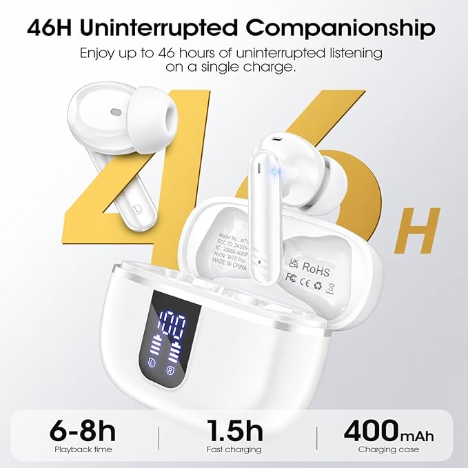 Wireless Earbuds, Bluetooth 5.4 Headphones with 4 Noise Cancelling Mic, 46H In-Ear Buds with 3D Bass Stereo Sound, Small Ears, LED Display, Calls Sports Workout, IPX7 Earphones for Android iOS, White