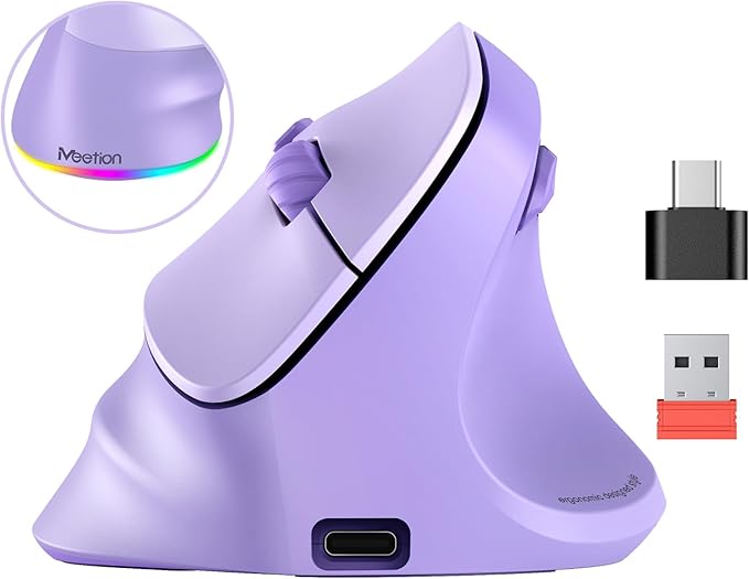 MEETION Ergonomic Mouse, Wireless Vertical Mouse RGB Backlit, Rechargeable Mice for Bluetooth(5.2+3.0) & USB-A with USB-C Adapter, 4 Adjustable DPI Compatible Mac/Windows/Andriod/PC/Tablet/iPad Purple