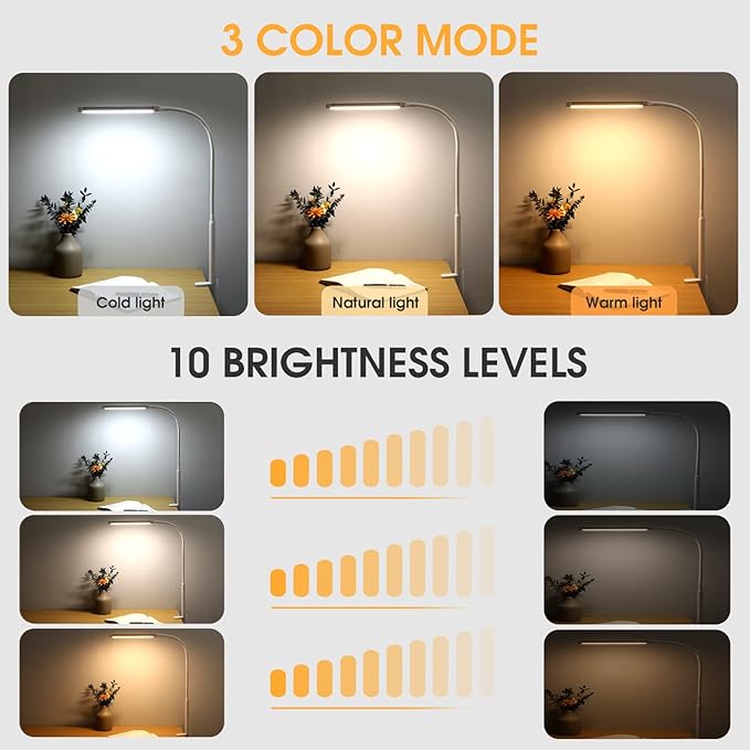 Voncerus LED Desk Lamp with Clamp, Eye-Caring Clip on Lights for Home Office, 3 Modes 10 Brightness, Long Flexible Goose-Neck, Metal, Swing Arm Architect Task Table Lamps with USB Adapter, White