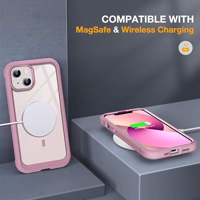 Miracase for iPhone 13 Case 6.1'',Full-Body Magnetic Clear Bumper Case with Built-in 9H Tempered Glass Screen Protector,Military Drop Protection Outdoor Phone Case,Pink