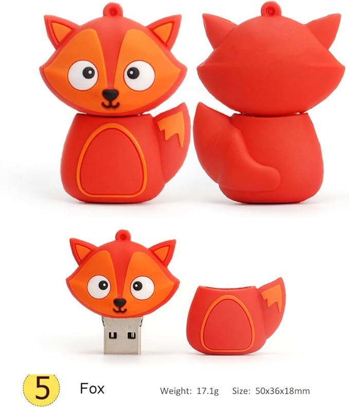 5X8GB Cute Animals USB Flash Drive with Chain Bee Fox Owls Penguin Pen Drive Gifts for School Kids and Students Valentine's Day Gift (Pack of 5 Animals)