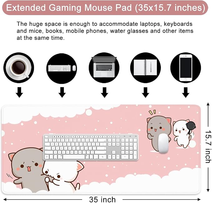 Pink Large Gaming Mouse Pad Cat Desk Pad XXL Cute Mouse Mat 35x15.7x0.12 inch Desk Accessories Kawaii Keyboard Pad (Pink -7)