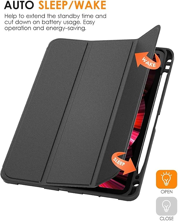DTTO for iPad Pro 11 inch 4th/3rd/2nd/1st Generation 2022/2021/2020/2018 Case, Smart Slim Trifold Stand Soft TPU Back Cover with Built-in Pencil Holder, Also Fit iPad Air 5/4,Black