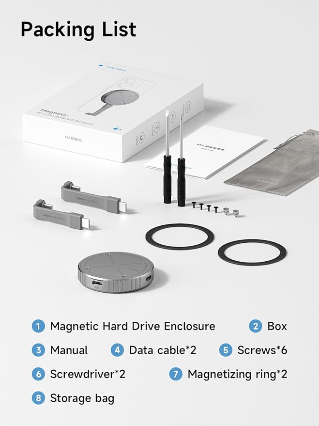 Hagibis Magnetic M.2 2230 NVMe SSD Enclosure with Magsafe for iPhone 17 16 15 Pro Max ProRes, USB C 3.2 Gen2 10Gbps to NVMe Adapter, Aluminum External SSD Case for MacBook, iPad Pro, Android (MC100)