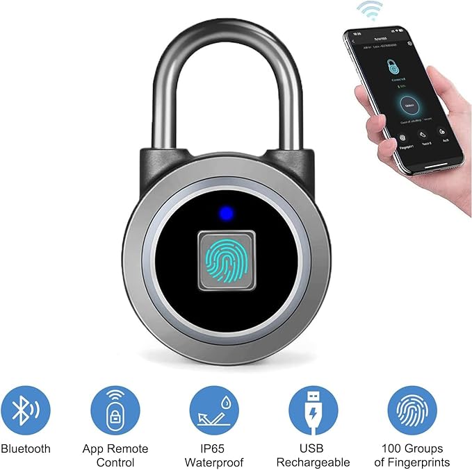 Fingerprint Padlock, Bluetooth Lock, Mobile APP, MEGAFEIS Smart Padlock with Keyless Biometric, Water Resistant, Suitable for Gym, Sports, Bike, School, Locker and Storage(Grey)