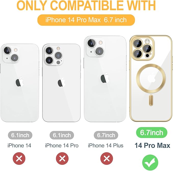 Hython Magnetic Clear for iPhone 14 Pro Max Case with Camera Lens Protector [Compatible with MagSafe] Plating Edge Slim Soft TPU Cover Protective Phone Case for iPhone 14 Pro Max 6.7", Matte Gold