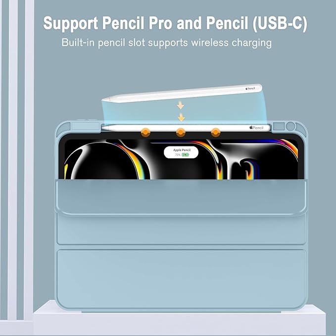 ZryXal iPad Pro 11 Inch Case (M5) 2025/ (M4) 2024 (Model: A2836/A2837/A3006), Trifold Stand Smart Cover with Pencil Holder and Soft TPU Back, Auto Wake/Sleep (New Light Blue)