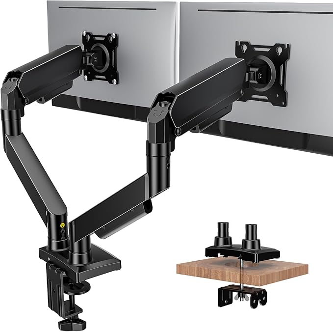 Dual Monitor Stand Adjustable Monitor Desk Mount for 17″–32″ Computer Screens, Full Motion VESA Pattern 75x75/100x100 with C-Clamp & Grommet Aluminum Base, Each Arm Holds 4.4 to 20 lbs HD09B-201