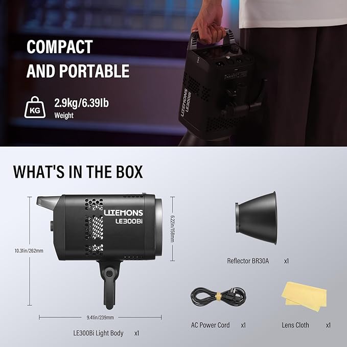 Godox Litemons LE300Bi COB Led Video Light, Godox Bowens Mount 315W Bi-Color Continuous Output Light with DMX/Bluetooth APP Control, NFC Connection, 2800K~6500K, 58900Lux@1m, CRI/TLCI98, 11 Fx Effects