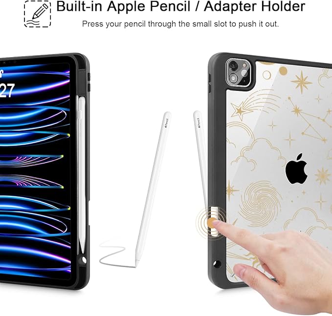 Tuiklol for iPad Pro 11 Inch 4th / 3rd / 2nd / 1st Gen (2022 2021 2020 2018) Case -Built-in Pencil Holder Shockproof Cover Clear Transparent Back Shell with Auto Wake/Sleep, Moon and Star