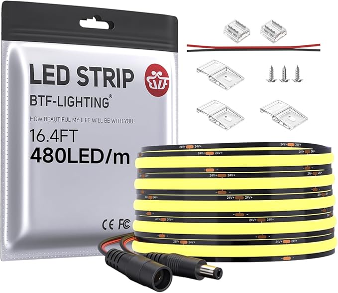 BTF-LIGHTING FCOB COB LED Strip 480LED/m Flexible High Density Uniform Light 9W/m 16.4FT DC24V Warm White 2700K CRI 90+ 8mm Width LED Ribbon for Indoor Decor(No Adapter or Controller)