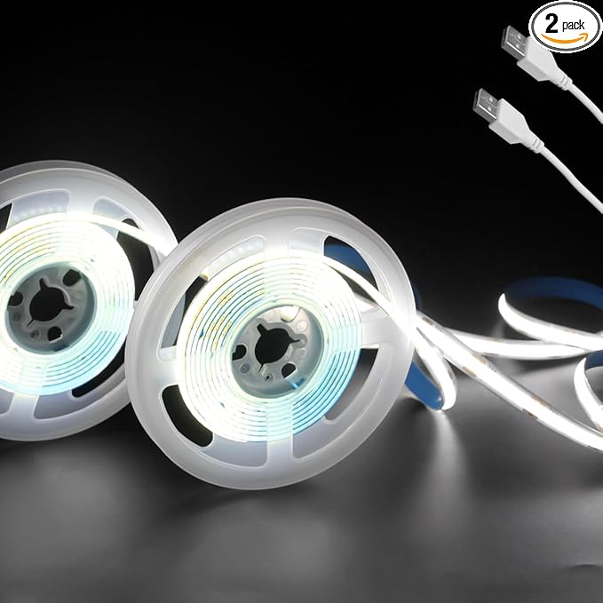 Aclorol 5V COB LED Strip Lights 6000K Cold White USB LED Strip Lights for Bedroom 8mm Width High Density 320LEDs/M Bright for TV Monitor Backlights Under Cabinet Counter Display Case CRI90+ (2 Pack)