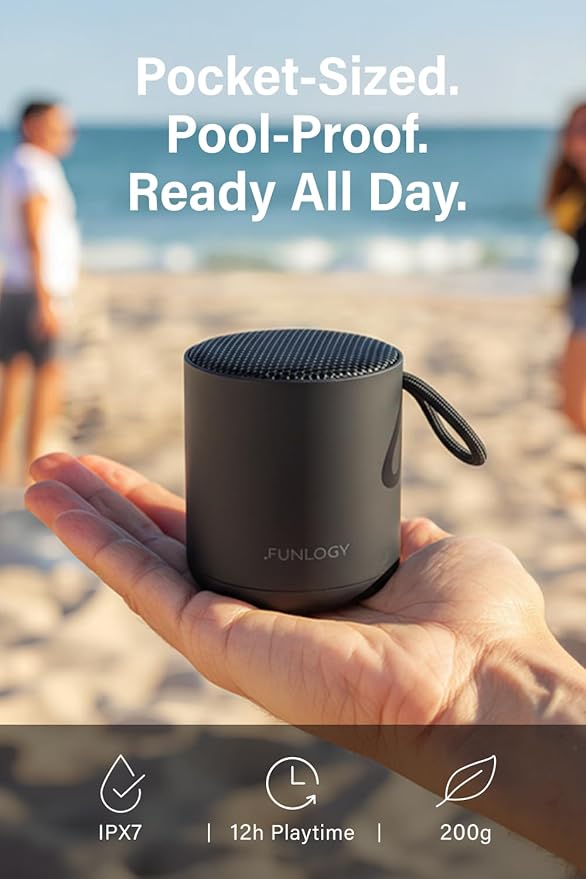 FUNLOGY Portable Mini2 Bluetooth Speaker, Wireless Portable Speaker with Deep Bass, IPX7 Waterproof, TWS Stereo Pairing, Built-in Mic, Small Speaker for Shower, Outdoor, Travel, Black