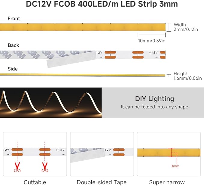 BTF-LIGHTING FCOB COB 3mm Width UL Listed Super Narrow Flexible Uniform LED Strip Light 16.4FT DC12V 3000K CRI 90+ Dimmable LED Ribbon for Kitchen Home Indoor Decoration(No Adapter or Controller)