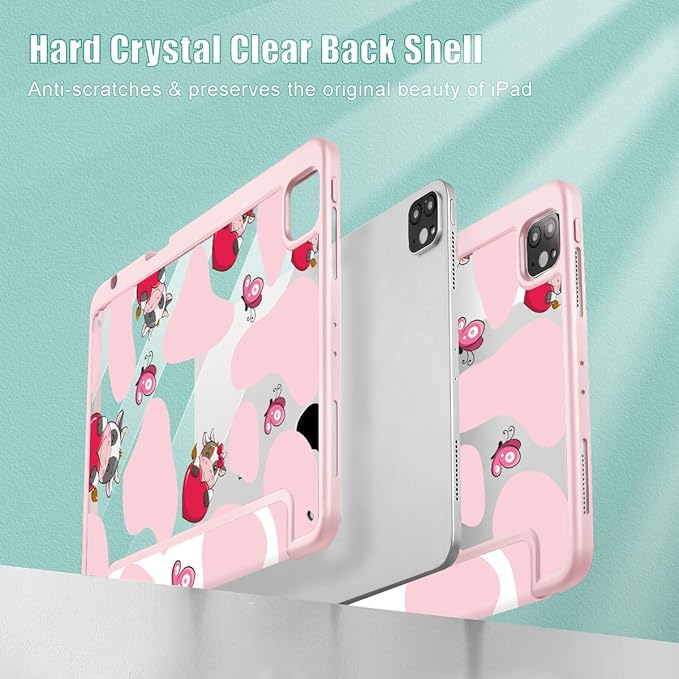 Mektron Case for iPad Pro 11 inch (4th, 3rd, 2nd & 1st Gen) 2022 2021 2020 2018, Buit in Pencil Holder with Shockproof Cover Clear Shell + Auto Wake/Sleep, Butterfly Cow