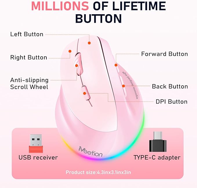 MEETION Left-Handed Mouse, Ergonomic Mouse Wireless Vertical Mouse, RGB Mice for Bluetooth(5.2 + 3.0) & USB-A with Type-c Adapter 4 Adjustable DPI for Mac/Windows/Tablet/iPad/PC Pink