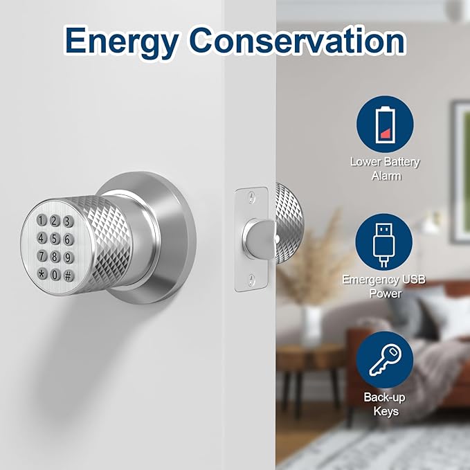 FITNATE Keypad Door Knob, Keyless Smart Lock with Back-Lit Keypad, Electronic Door Lock with Spare Keys, Easy to Install, for Home, Bedroom, Hotel and Office, Silver