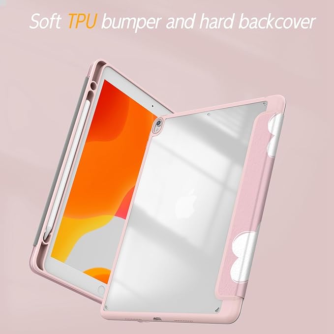 Case for iPad pro 10.5 inch 2017/ iPad Air 3rd Generation 2019, Case with Pencil Holder, Stand Clear Back Cover Cute Cool Design for Women Girls, Auto Sleep/Wake, Pink White Flower