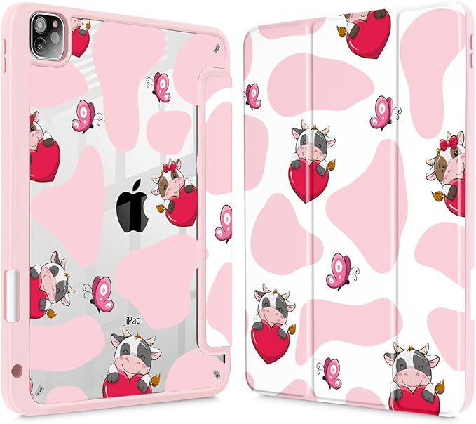 Mektron Case for iPad Pro 11 inch (4th, 3rd, 2nd & 1st Gen) 2022 2021 2020 2018, Buit in Pencil Holder with Shockproof Cover Clear Shell + Auto Wake/Sleep, Butterfly Cow
