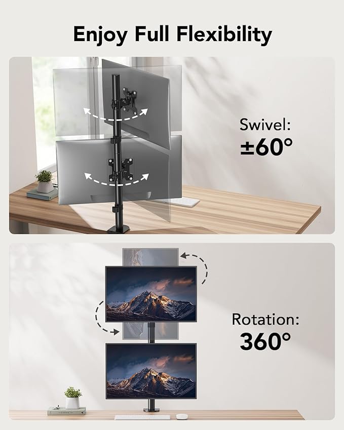 HUANUO Vertical Dual Monitor Mount, Stacked Monitor Stand for 2 Monitors with Height Adjustment Computer Monitor Arm Supports Two 17 to 32 Inch with C Clamp Each Desk Mount Hold up to 17.6lbs