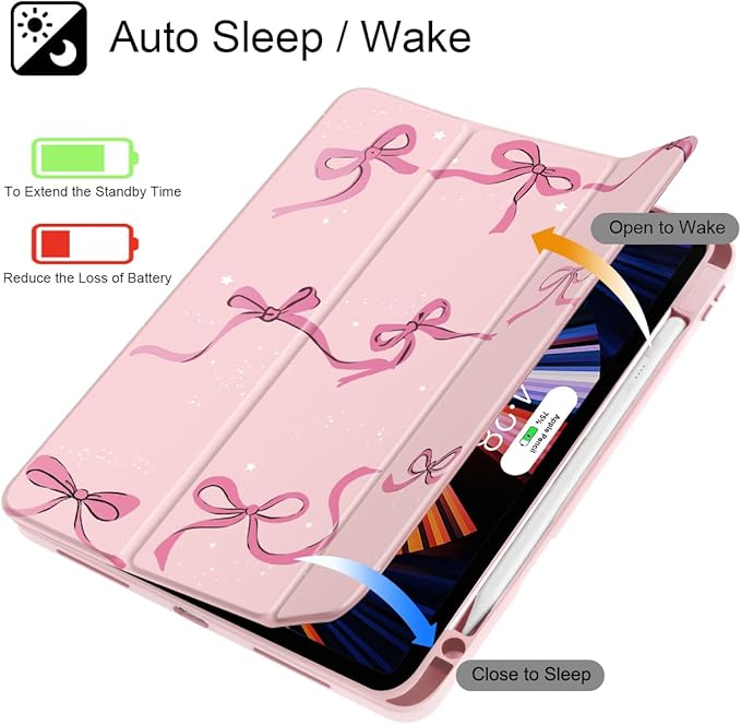 May Chen Case for iPad Pro 11-Inch M5/M4 2025/2024 (6th/5th Generation), Clear Transparent Print Back Shell Slim Stand Shockproof Tablet Cover, Auto Wake/Sleep, Pink Bows