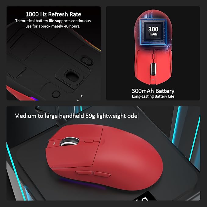 AJ139PRO Dual-Mode 2.4G/Wired Gaming Mouse, 59g Lightweight Design, PAW3395 Sensor, 26K DPI, 300mAh Battery with 40-Hour Battery Life for Windows, Mac Gamer.