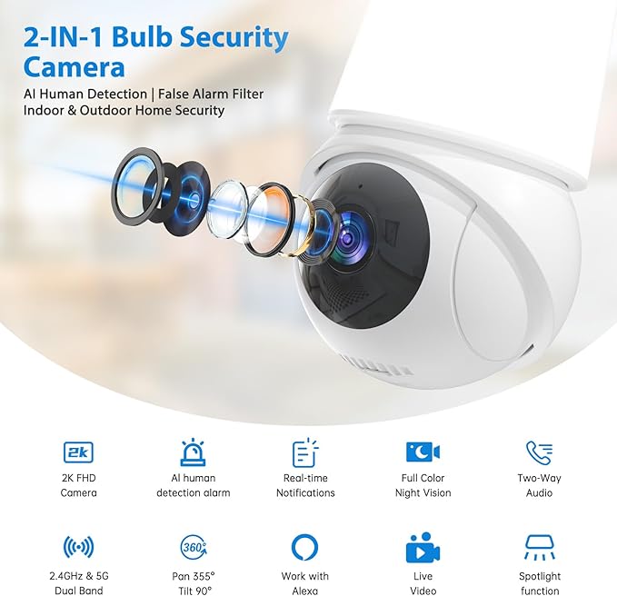 Light Bulb Security Camera, 2.4G&5G WiFi Lightbulb Cameras Wireless Outdoor, Smart AI Motion Detection, Color Night Vision, US Cloud Storage, 911 Emergency Calling, Outdoor Indoor Home Surveillance