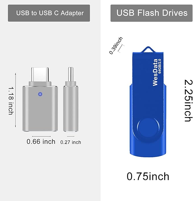 2 Pack 64GB USB 2.0 Flash Drive and 1 USB C Adapter, Thumb Drive USB Memory Stick Jump Drive, Compatible with OTG Type C Phones, Tablets, Laptop, PC (Blue, Red)