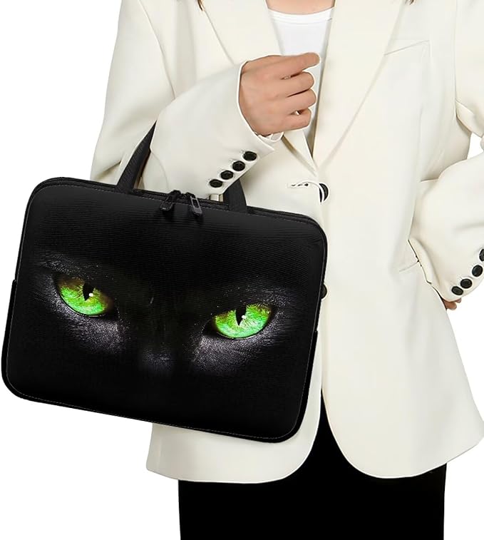 12 Inch Laptop Sleeve, Black Cat Green Eyes Laptop Cover Computer Bag Tablet Carrying Case with Handle, Funny Printed Notebook Case Handbag Briefcase Shoulder Bag for Office/School
