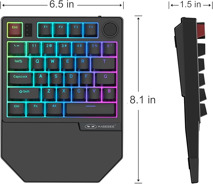 MageGee Wireless One Handed Gaming Keyboard, Tri-Mode BT/ 2.4Ghz RGB Backlit 34 Keys Mini Keyboard for Gamer, Red Switch, Wrist Rest Support(Black)