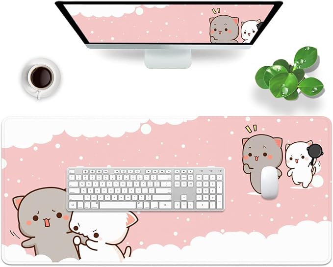 Pink Large Gaming Mouse Pad Cat Desk Pad XXL Cute Mouse Mat 35x15.7x0.12 inch Desk Accessories Kawaii Keyboard Pad (Pink -7)
